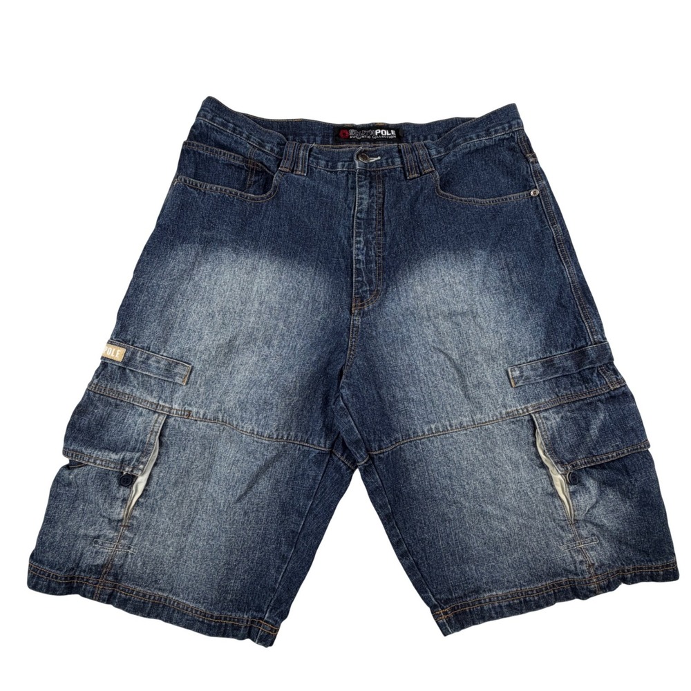 Southpole Authentic Collection Cargo Denim Shorts Mens 38 Blue Y2K Baggy Faded